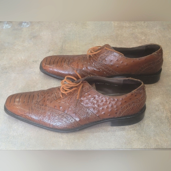 Stacy Adams "Armento" All-Over Mustard Ostrich Print Shoes, US M 11-1/2 - Picture 2 of 9